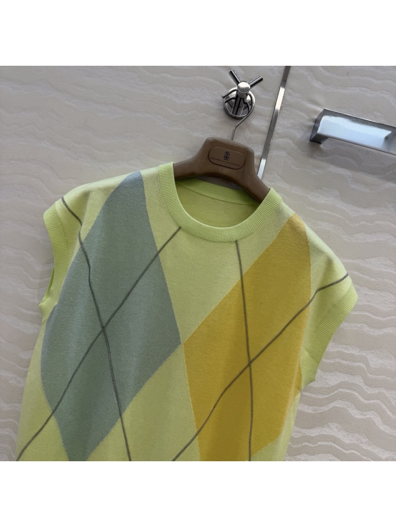 Brunello Cucinelli Signature Argyle Tencel-Wool Knit Vest with Copper Chain Embroidery