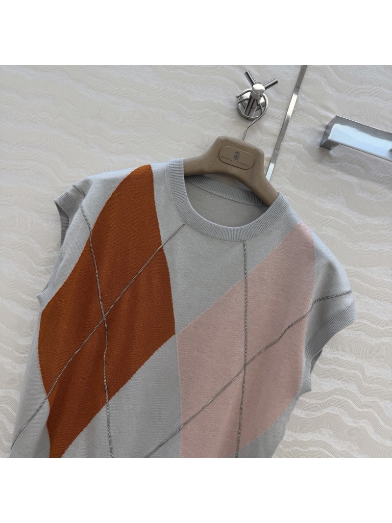 Brunello Cucinelli Exquisite Tencel-Wool Argyle Copper Chain Embroidery Knit Top