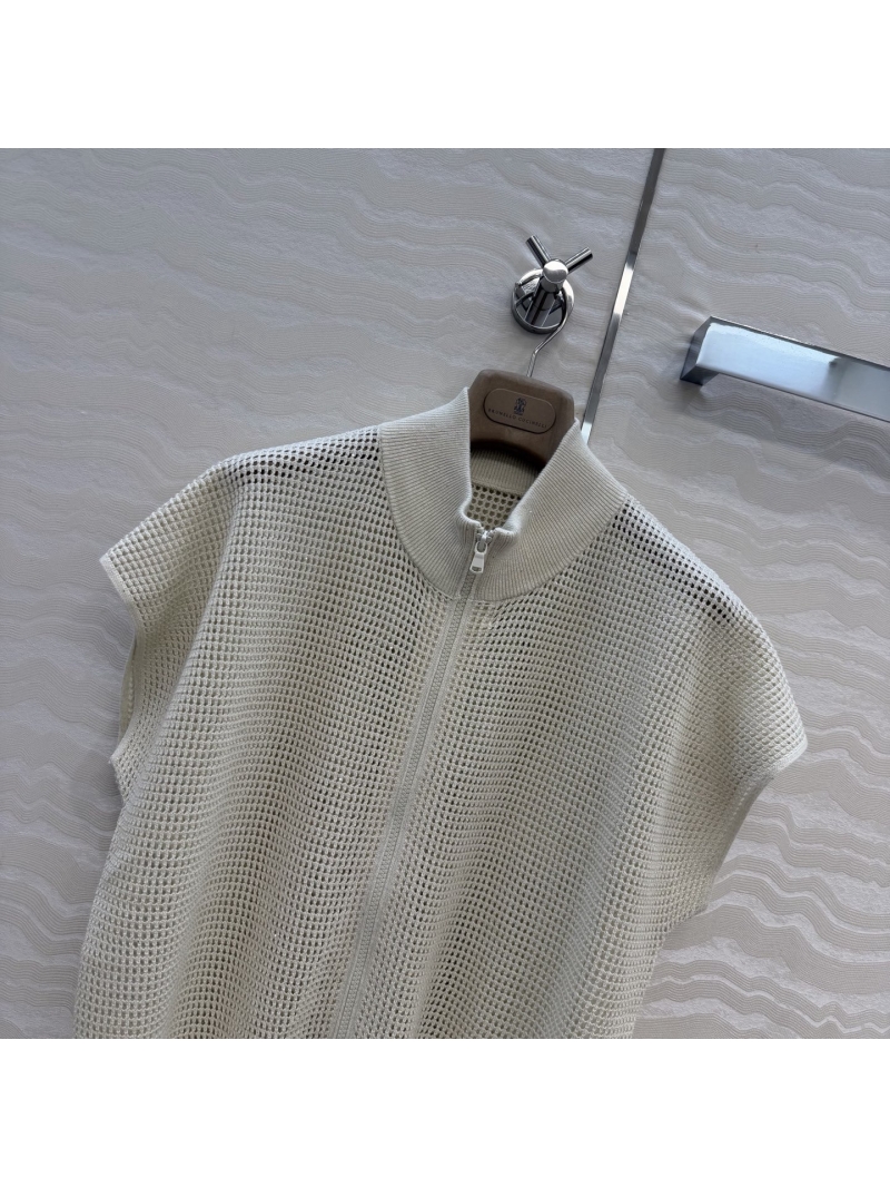 Brunello Cucinelli Sequin Cotton Yarn Open-Knit Cardigan Vest