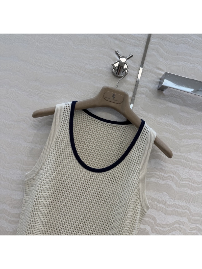 Brunello Cucinelli Custom Sequin Pure Cotton Open-Knit U-Neck Vest in Navy and Cream