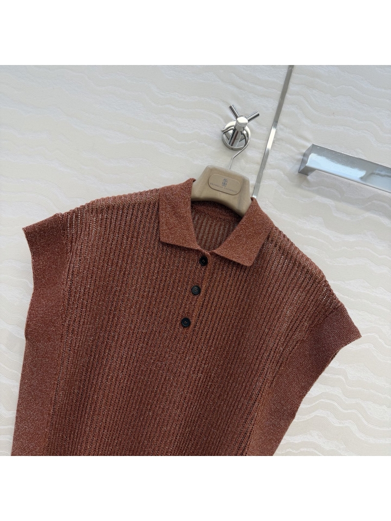 Brunello Cucinelli Italian Silver Wire Openwork Knit Polo Top