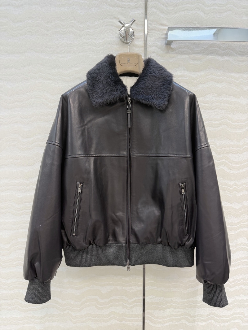 Brunello Cucinelli 100% Lambskin Leather Silk-Lined Bomber Jacket in Ebony Brown