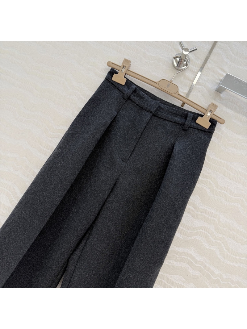 Brunello Cucinelli Premium Wool-Cashmere Pleated Wide-Leg Trousers in Charcoal Grey