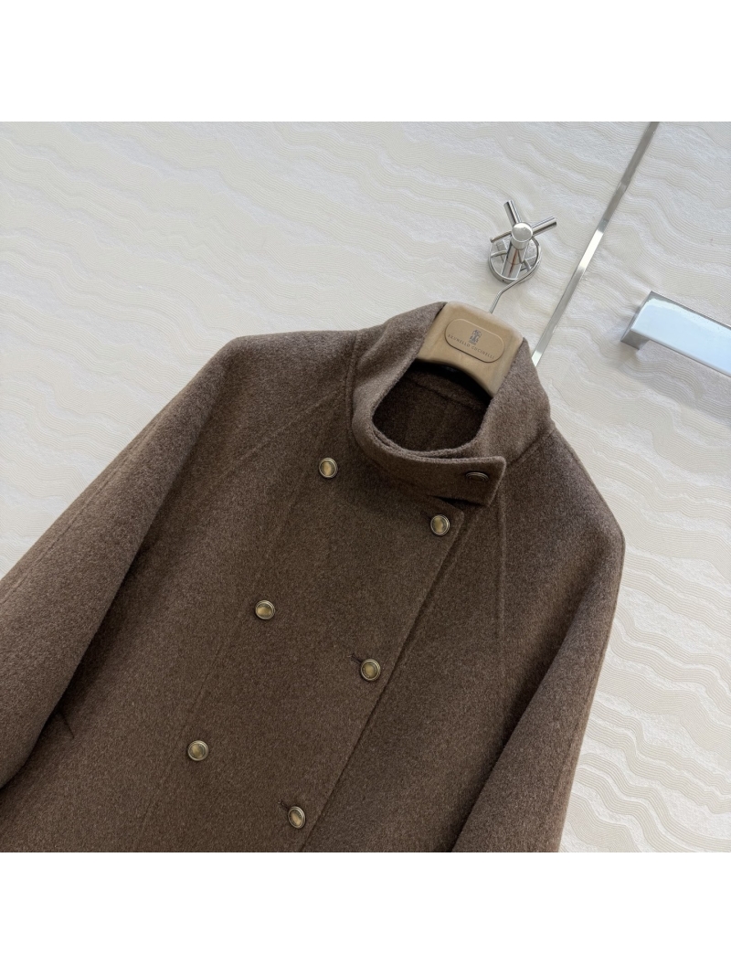 Brunello Cucinelli 90% Wool 10% Cashmere Double-Breasted Stand Collar Coat in Earthy Brown