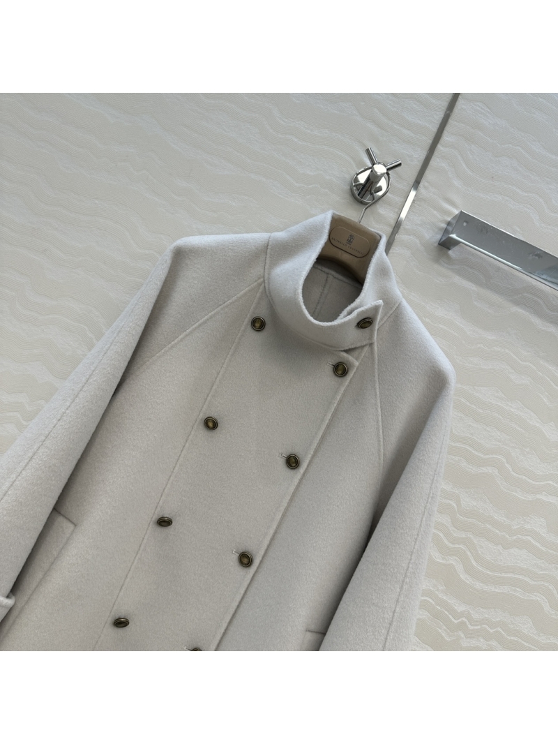 Brunello Cucinelli 90% Wool 10% Cashmere Stand-Collar Double-Breasted Coat in Cream