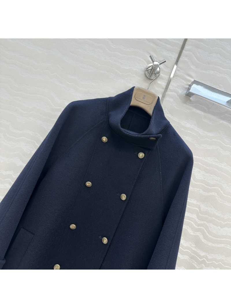 Brunello Cucinelli Handcrafted 90% Wool 10% Cashmere Stand-Collar Double-Breasted Coat in Navy Blue