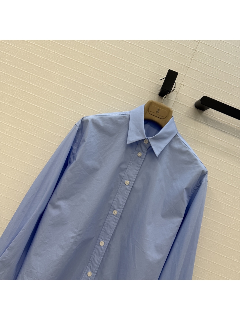 Brunello Cucinelli Timeless Cotton Poplin Shirt with Monili Copper Chain Detail in Light Blue