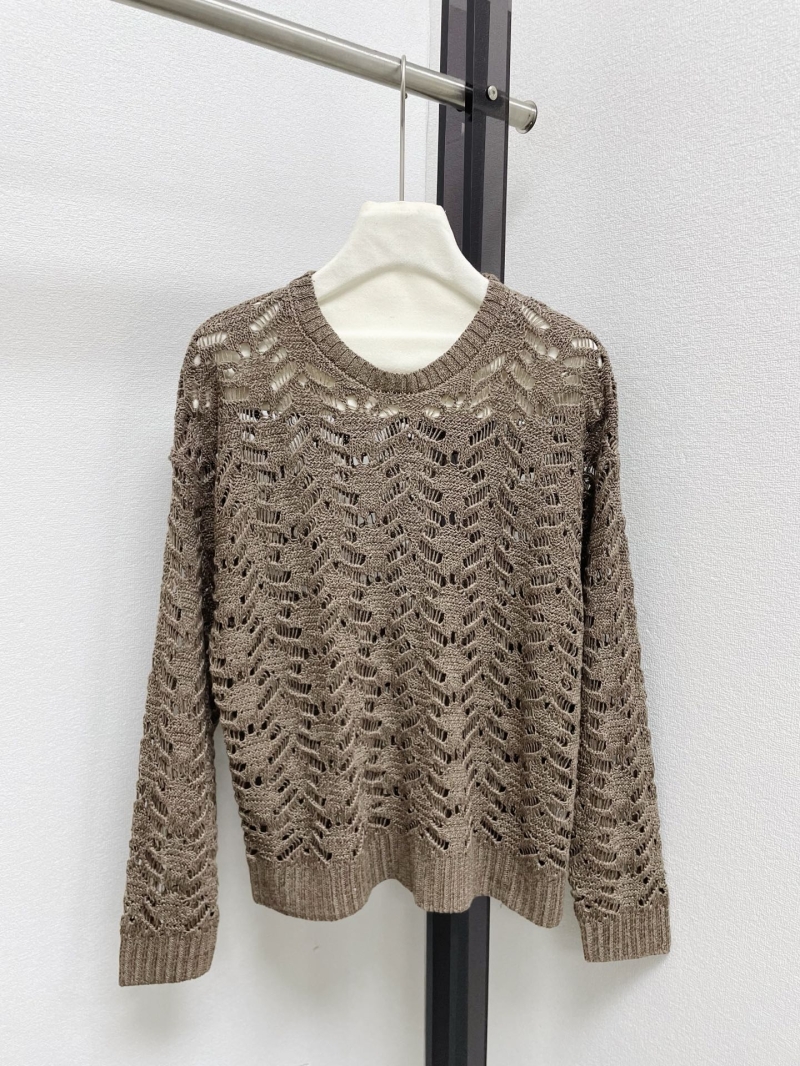 Brunello Cucinelli Leaf Lace Open-Knit Pointelle Sweater in Neutral Earth Tones