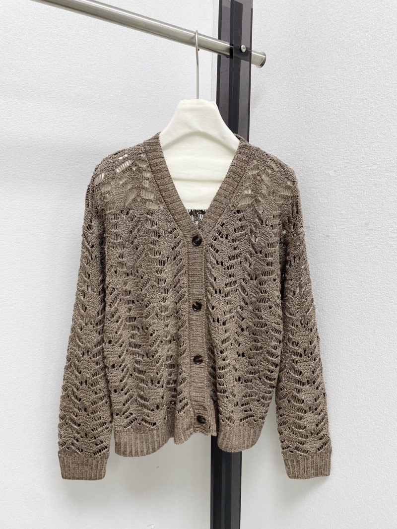 Brunello Cucinelli Leaf Lace Open-Knit V-Neck Cardigan in Sand and Mocha