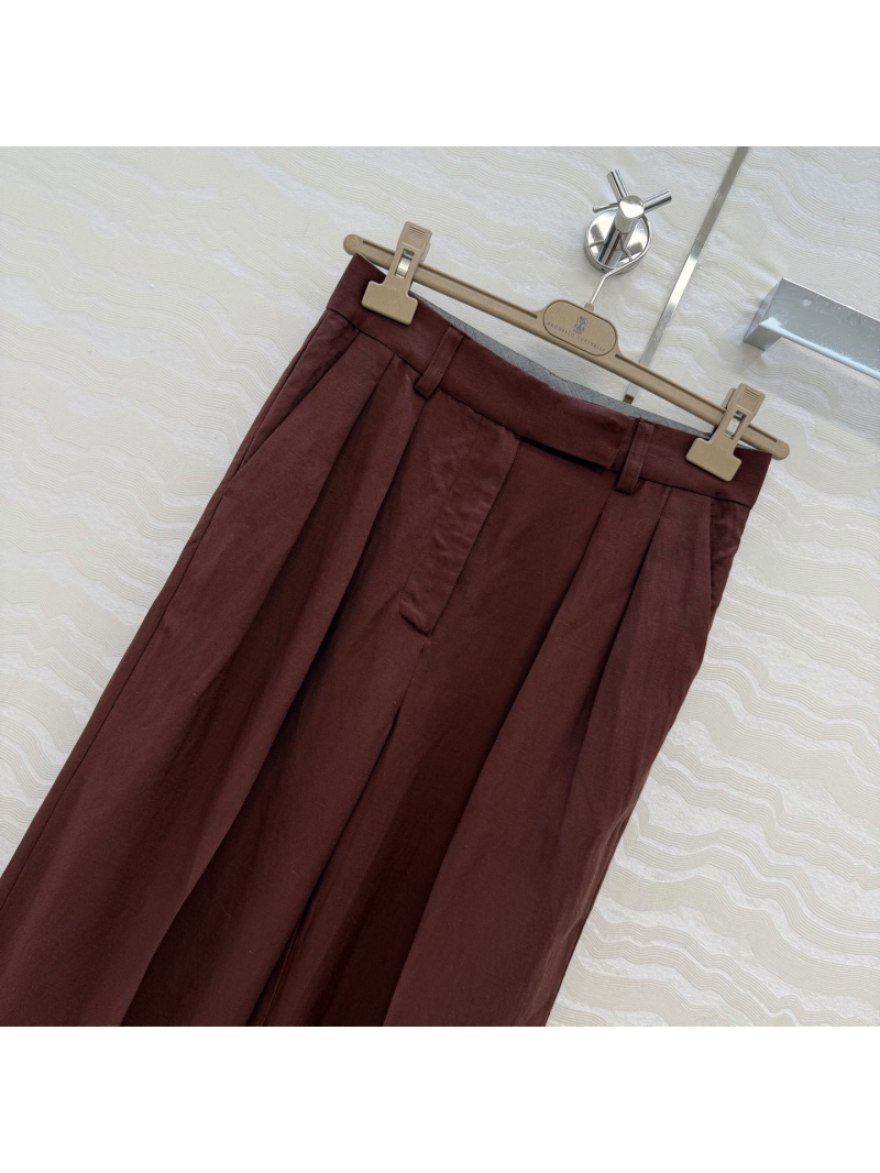 Brunello Cucinelli Tencel-Linen Pleated Wide-Leg Trousers in Mahogany