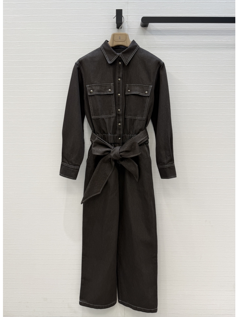 Brunello Cucinelli Shimmering Cotton Denim Utility Jumpsuit in Espresso