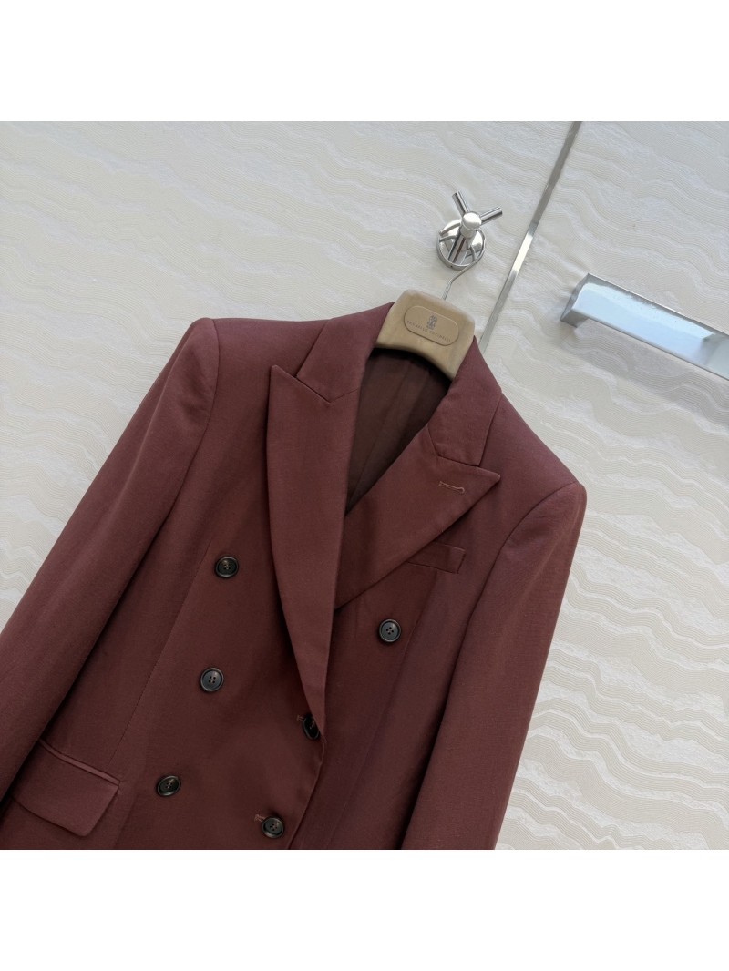 Brunello Cucinelli Tencel-Linen Double-Breasted Waist-Cinching Blazer in Burgundy