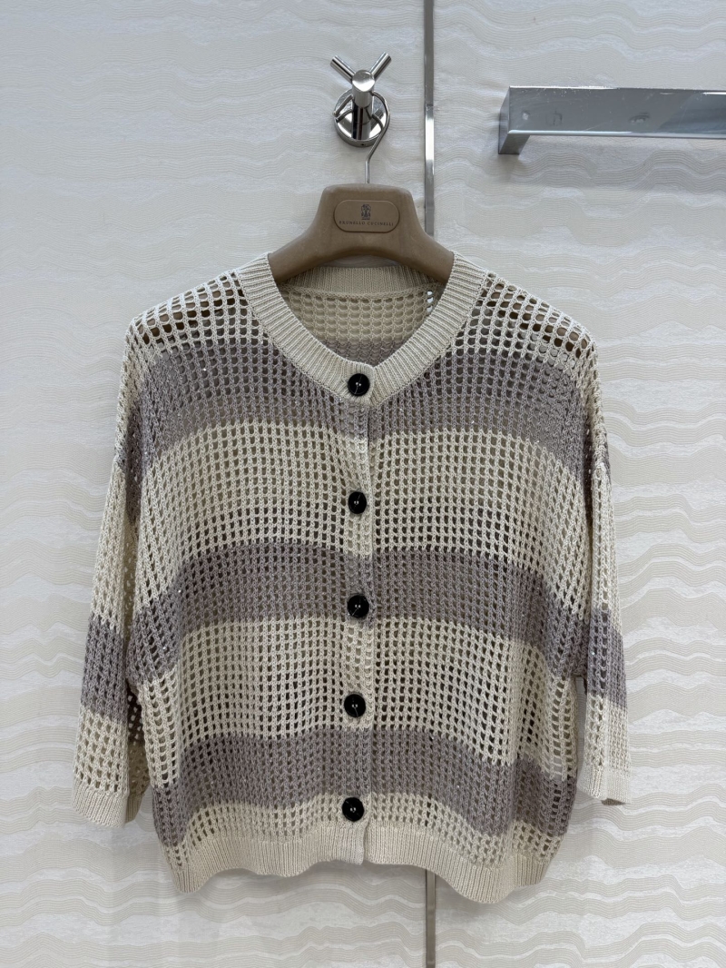 Brunello Cucinelli Sequin-Infused Mesh Knit Striped Cardigan in Cream and Taupe