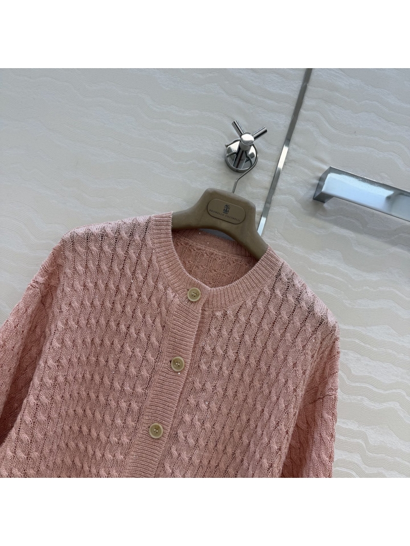 Brunello Cucinelli Sequin Yarn Cable-Knit Short-Sleeved Cardigan in Dusty Rose Pink