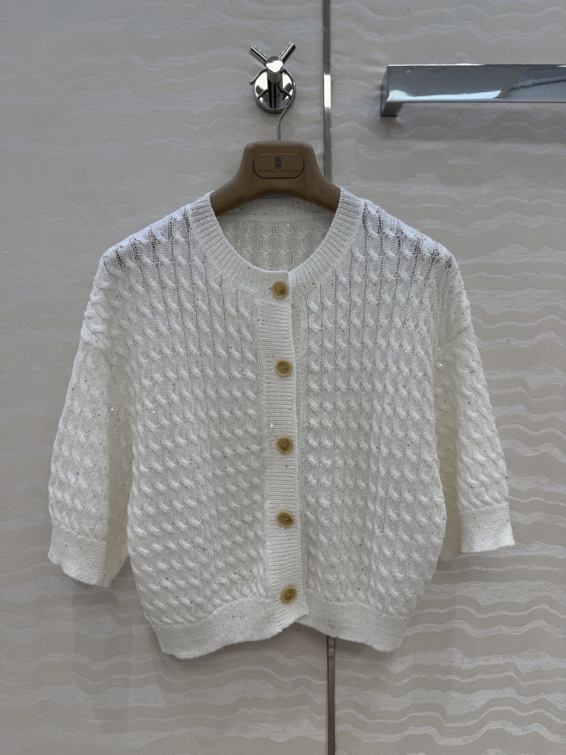 Brunello Cucinelli Italian Beaded Yarn Cable-Knit Short-Sleeved Cardigan in Cream