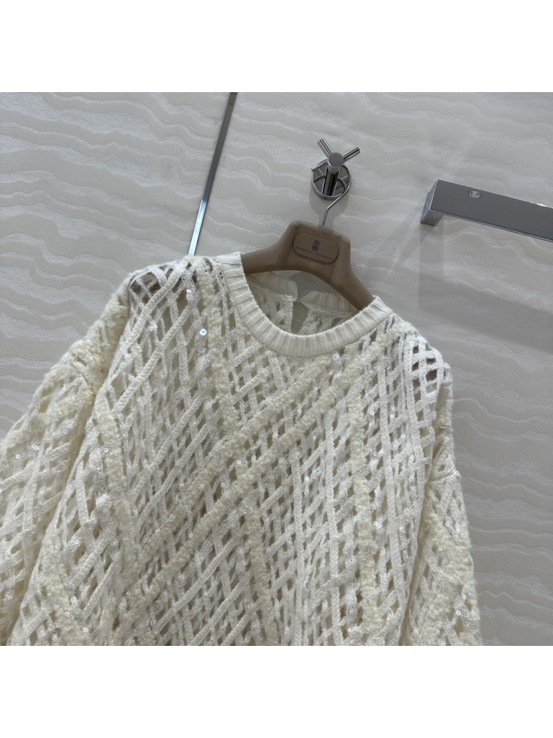 Brunello Cucinelli Alpaca Mohair Wool Cashmere Openwork Knit Sequin Sweater - Ivory