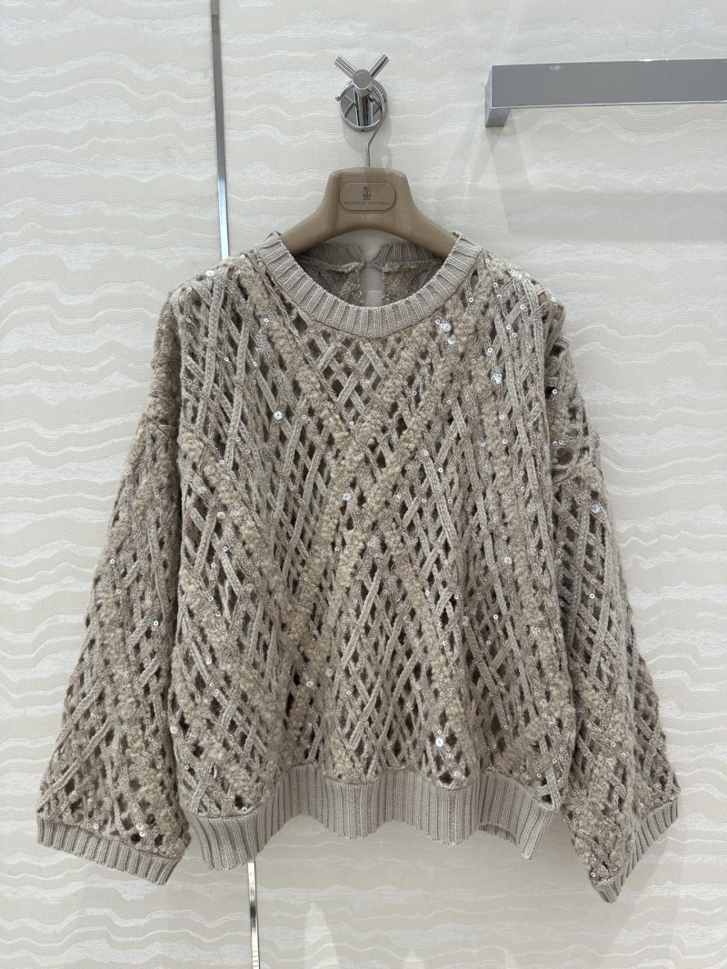 Brunello Cucinelli Sumptuous Cashmere Alpaca Blend Openwork Sequin Knit Sweater in Oatmeal Beige