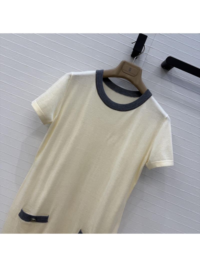 Brunello Cucinelli Refined Knit H-Line Dress with Copper Chain Trim in Cream