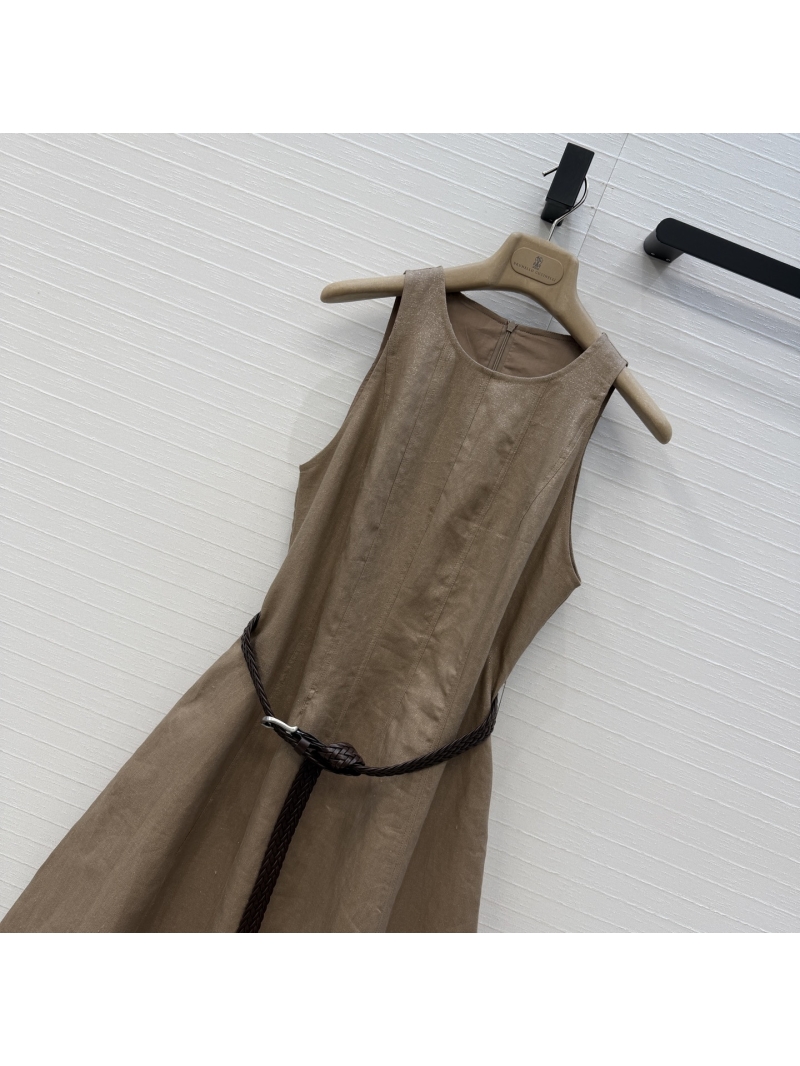Brunello Cucinelli Shimmering Linen Sleeveless A-Line Dress in Khaki