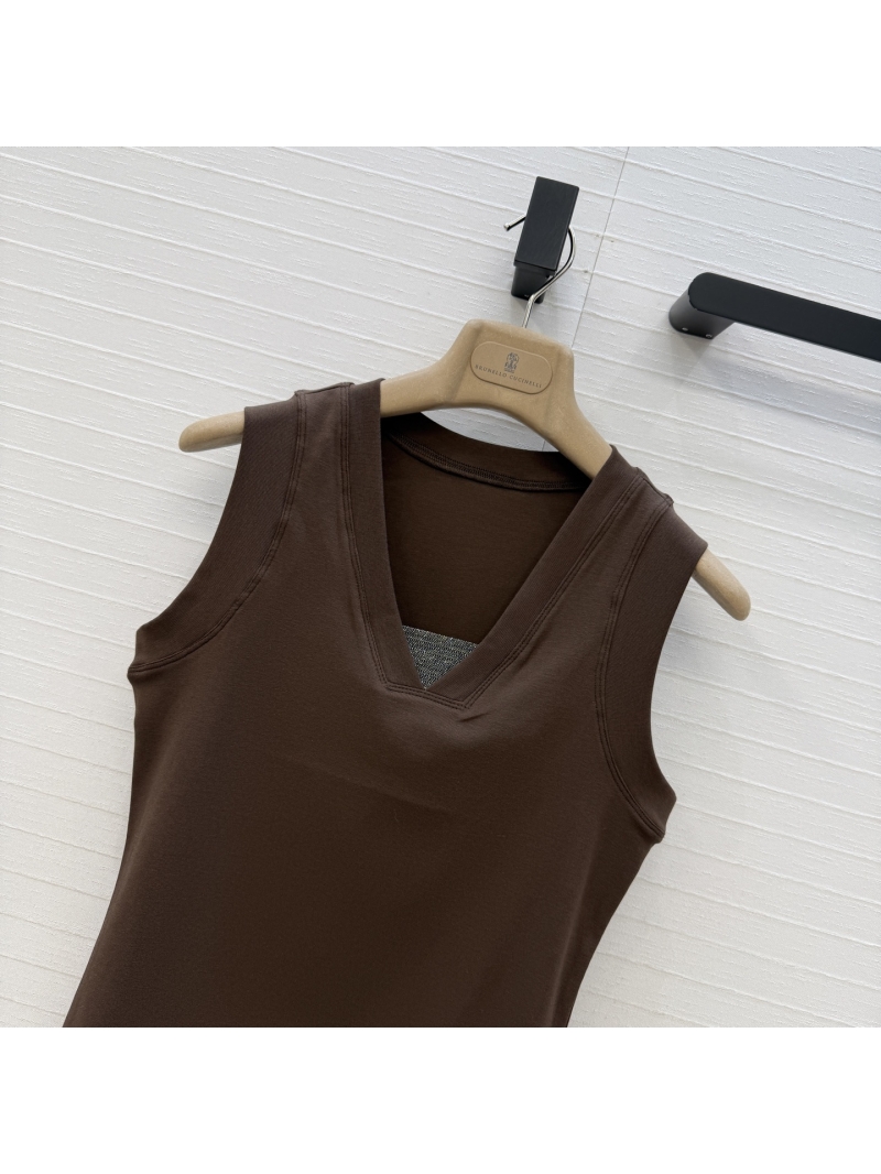 Brunello Cucinelli Copper Chain Embroidered Knit V-Neck Tank Top in Chocolate Brown