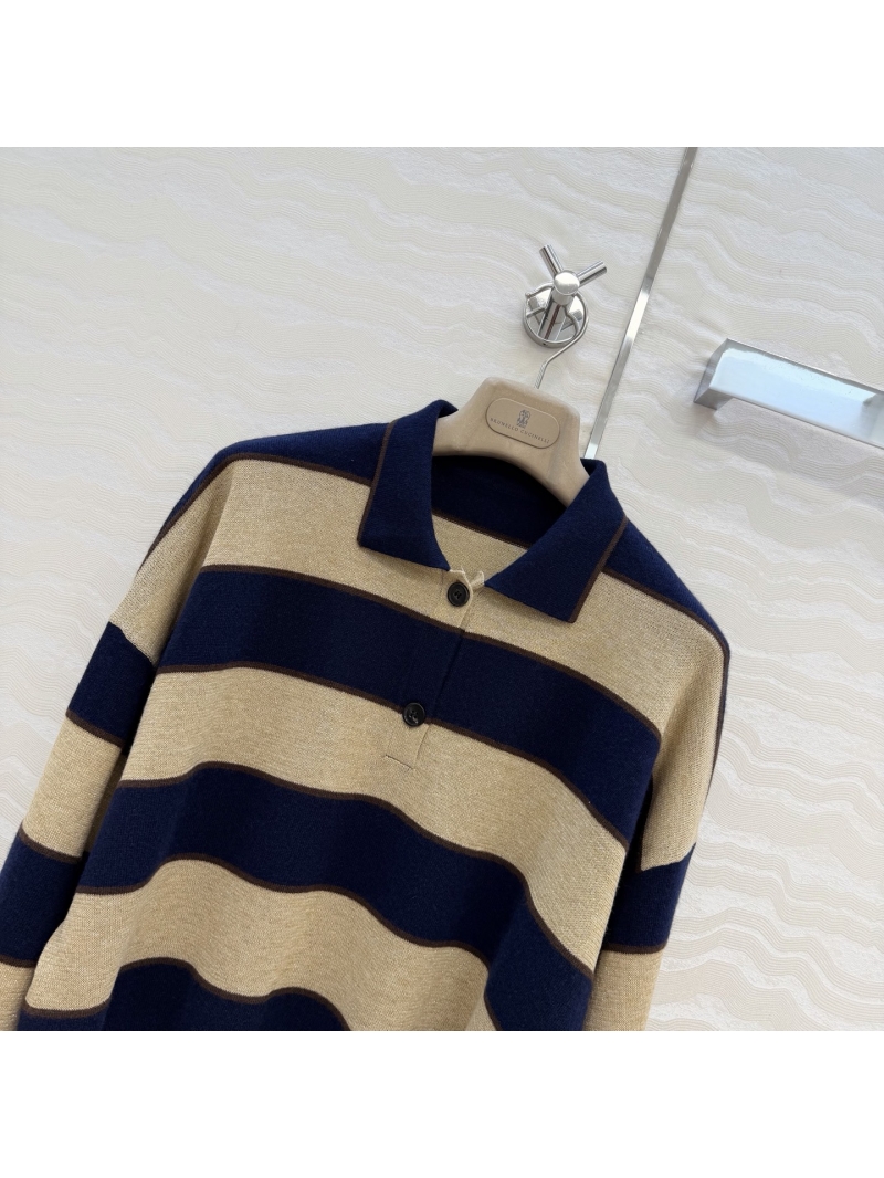 Brunello Cucinelli Striped Linen-Wool Blend Knit Polo Top with Silver Lurex