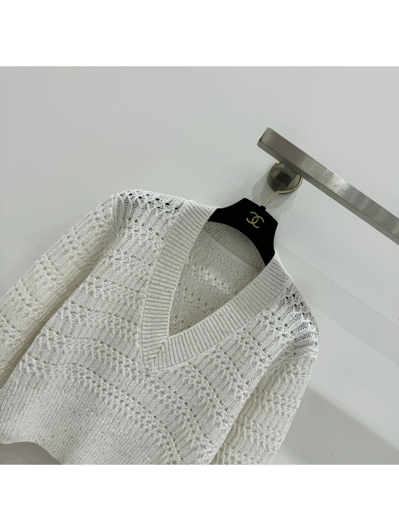 Brunello Cucinelli Sequin Linen Cotton V-Neck Pointelle Knit Crop Top in White