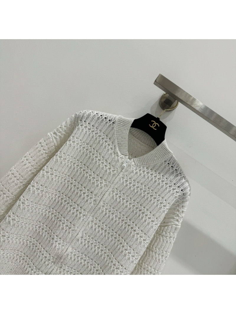 Brunello Cucinelli Sequin Pointelle Linen-Cotton Bomber Cardigan - Cream White