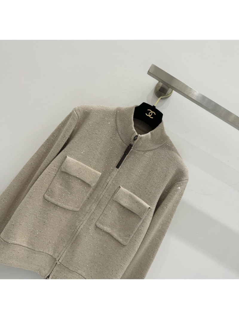 Brunello Cucinelli Sequin-Embellished Double-Zip Knit Cardigan in Oatmeal Beige