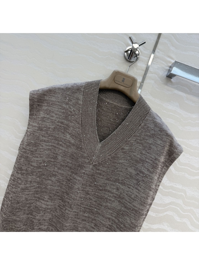 Brunello Cucinelli Sequin Linen-Cotton Blend V-Neck Knit Vest in Taupe