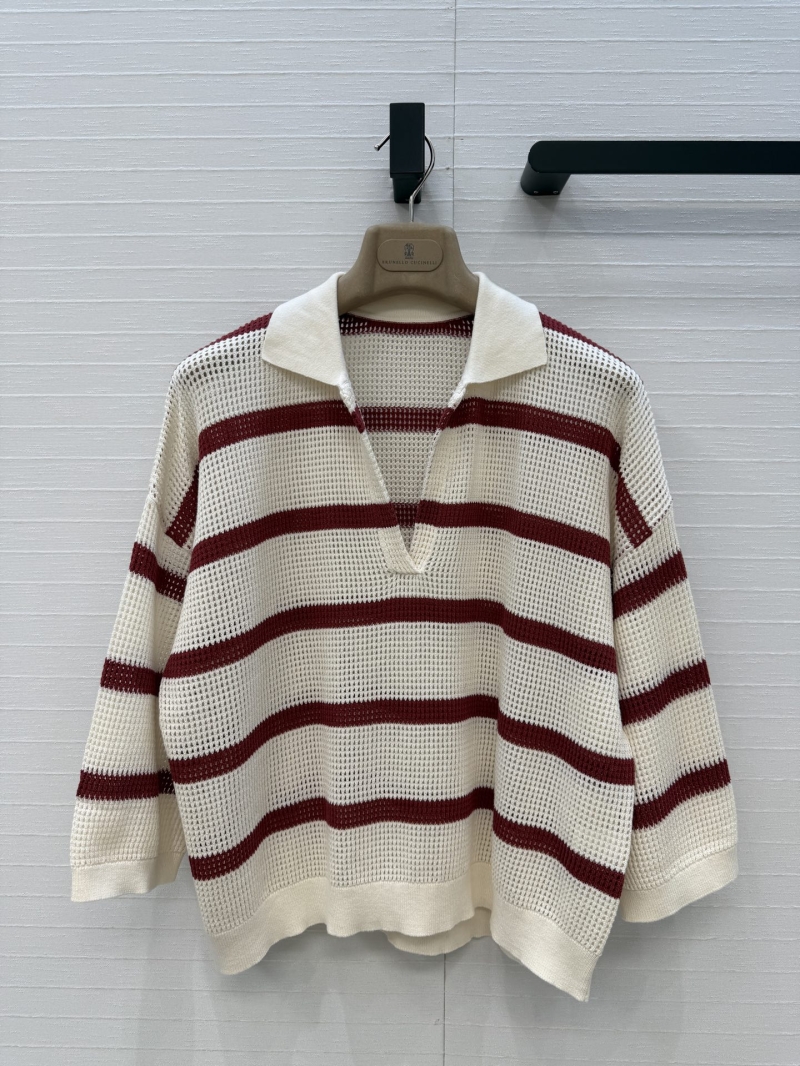 Brunello Cucinelli Italian Imported Yarn Striped Hollow-Out Polo Knit Sweater in Cream and Burgundy