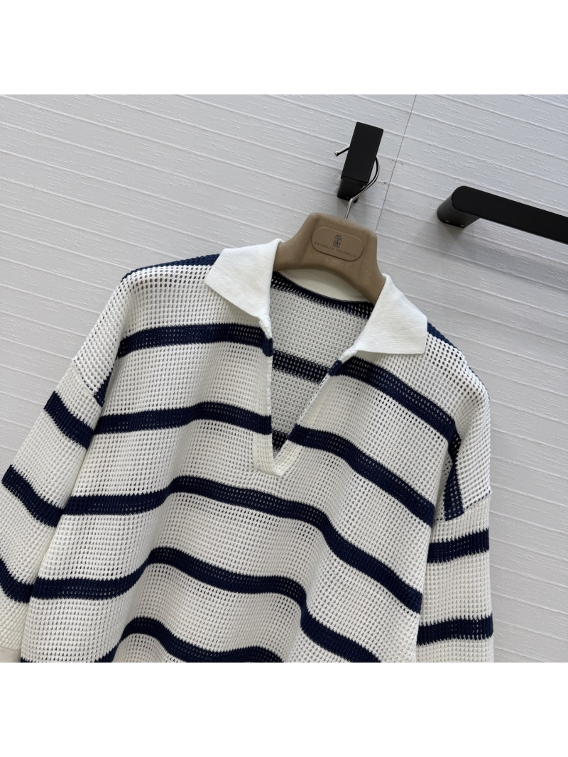 Brunello Cucinelli Striped Open-Knit Cotton-Blend Polo Sweater in Cream and Navy