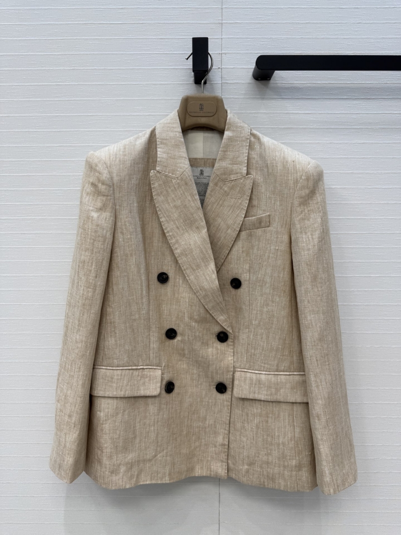 Brunello Cucinelli Custom Sequined Shimmer Linen Double-Breasted Blazer in Oatmeal