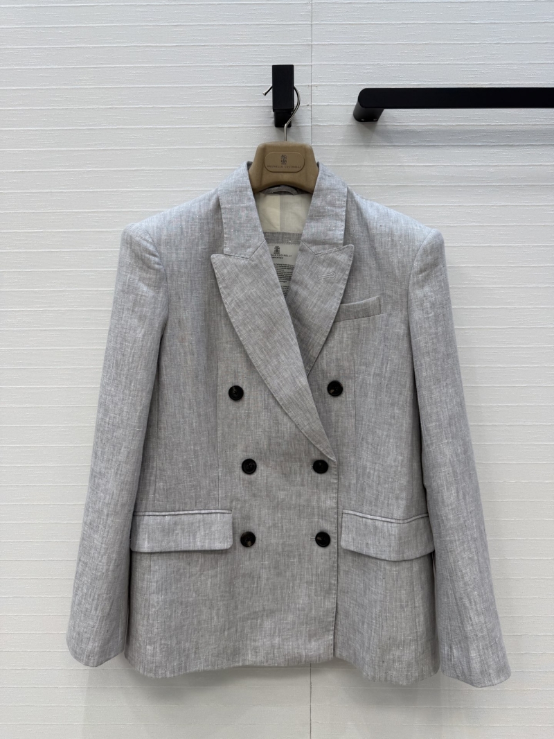 Brunello Cucinelli Custom Sequin Linen Double-Breasted Blazer in Oatmeal