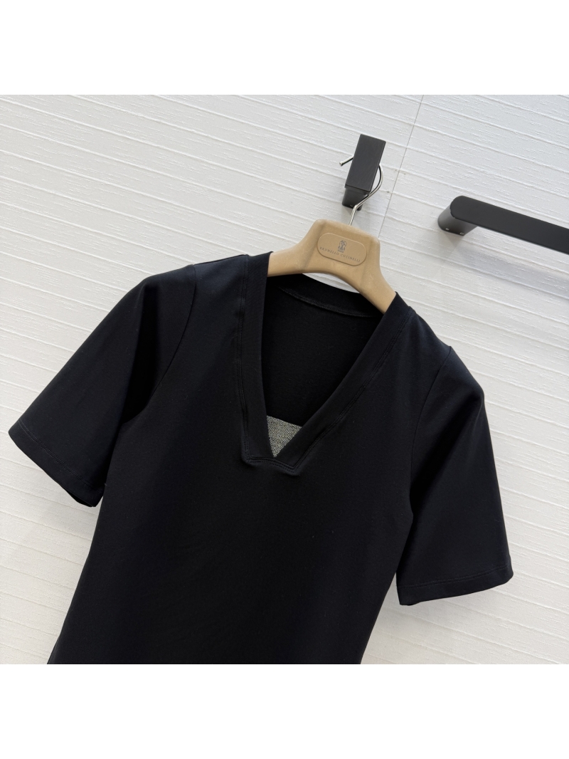 Brunello Cucinelli Monili Copper Chain Embroidered V-Neck Mid-Sleeve Top