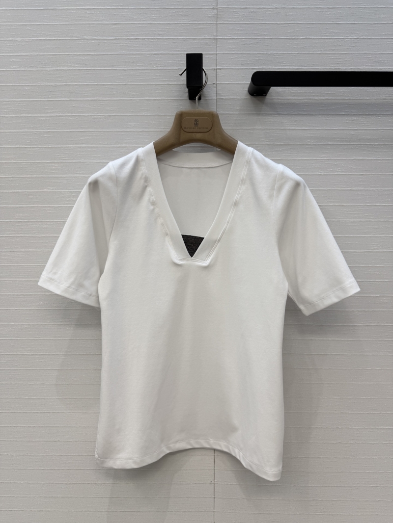 Brunello Cucinelli Signature Copper Chain Embroidered V-Neck Slim Fit Top