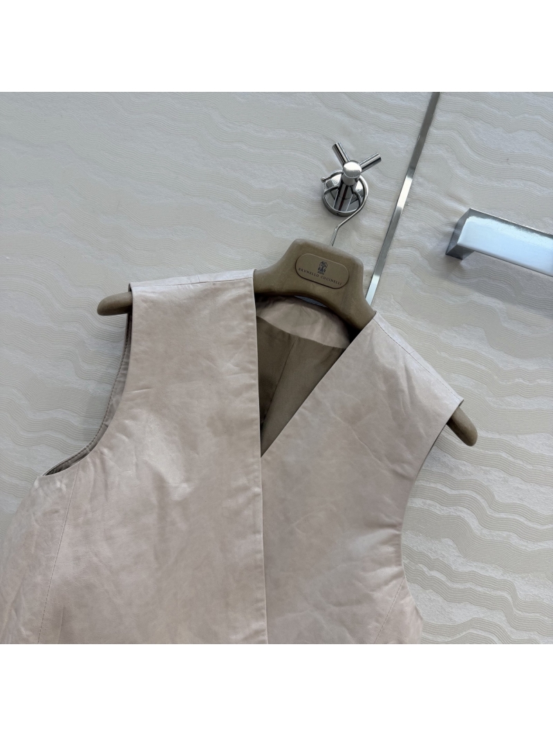 Brunello Cucinelli 100% Imported Lambskin Leather Wrap-Style Cropped Vest in Cream