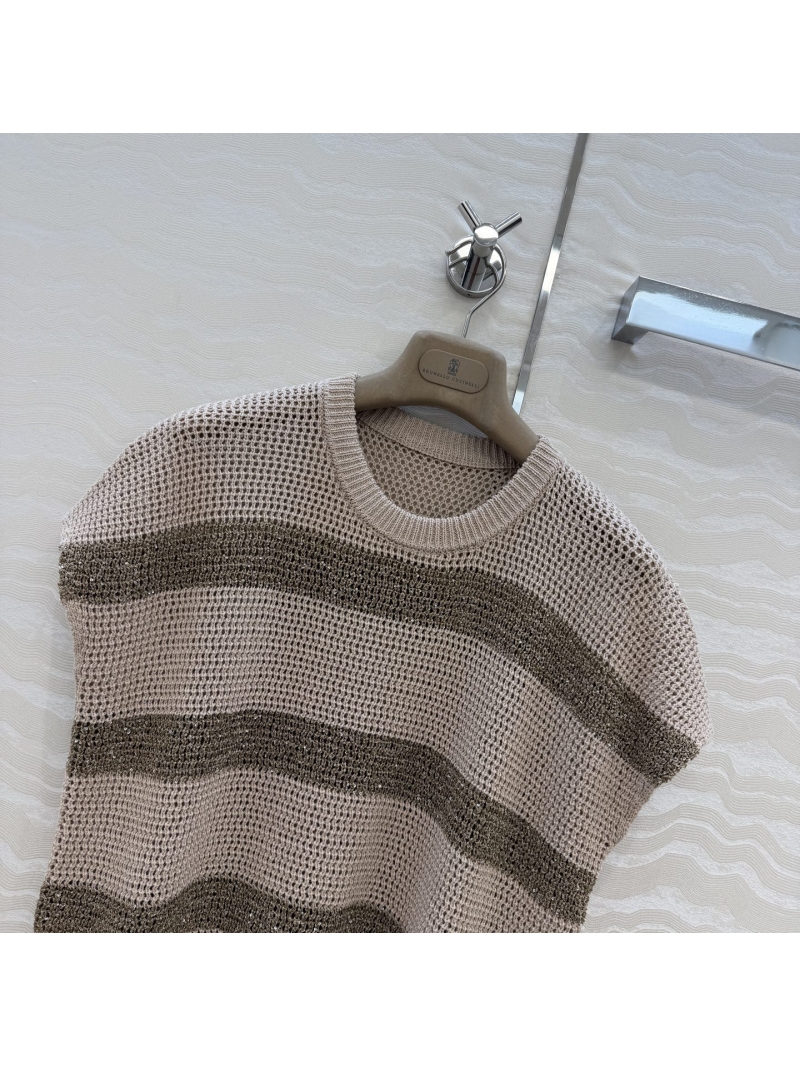 Brunello Cucinelli Striped Linen-Blend Knit Vest with Silver Silk Accents in Beige and Bronze