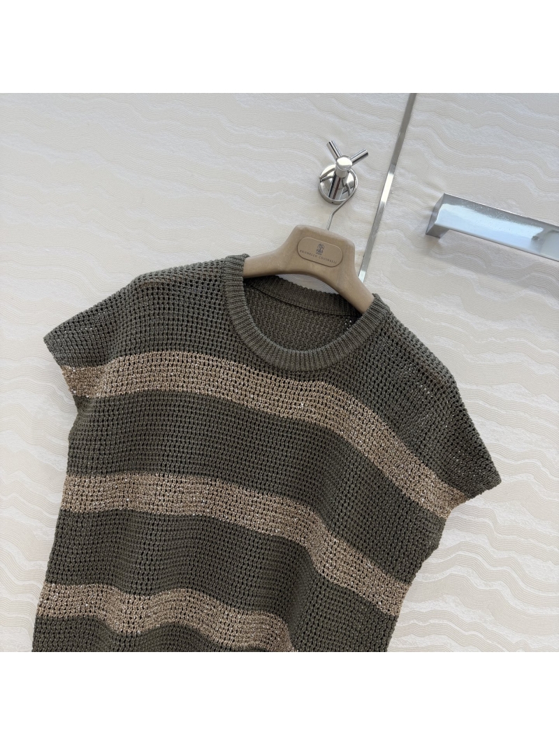 Brunello Cucinelli Striped Linen and Silver Silk Knit Vest