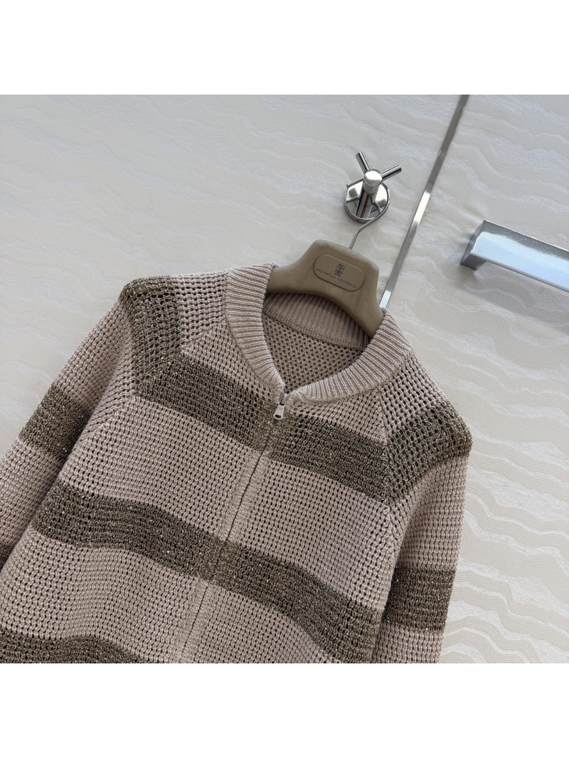 Brunello Cucinelli Striped Linen-Blend Knit Jacket with Silver Lurex Accents