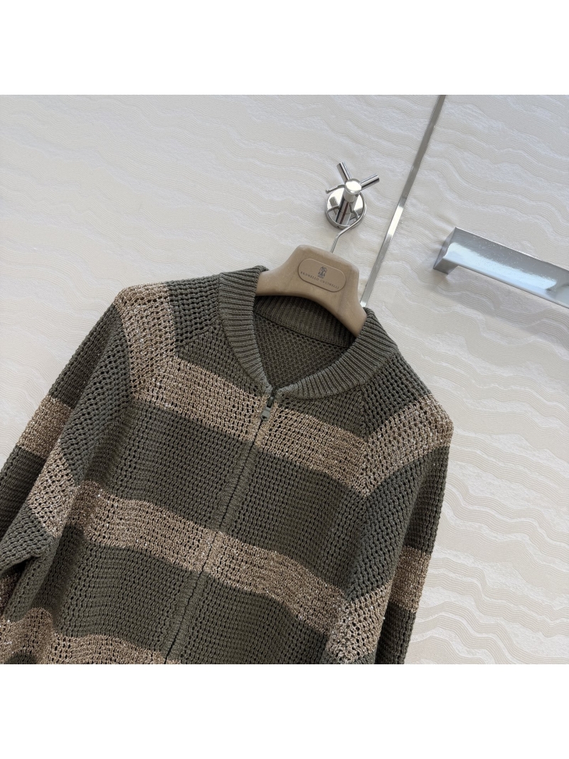 Brunello Cucinelli Contrast Striped Linen-Blend Zip-Up Jacket with Silver Metallic Yarn in Olive and Champagne