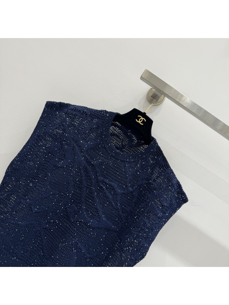 Brunello Cucinelli Sequin Embellished Linen-Cotton Knit Shell - Navy Blue