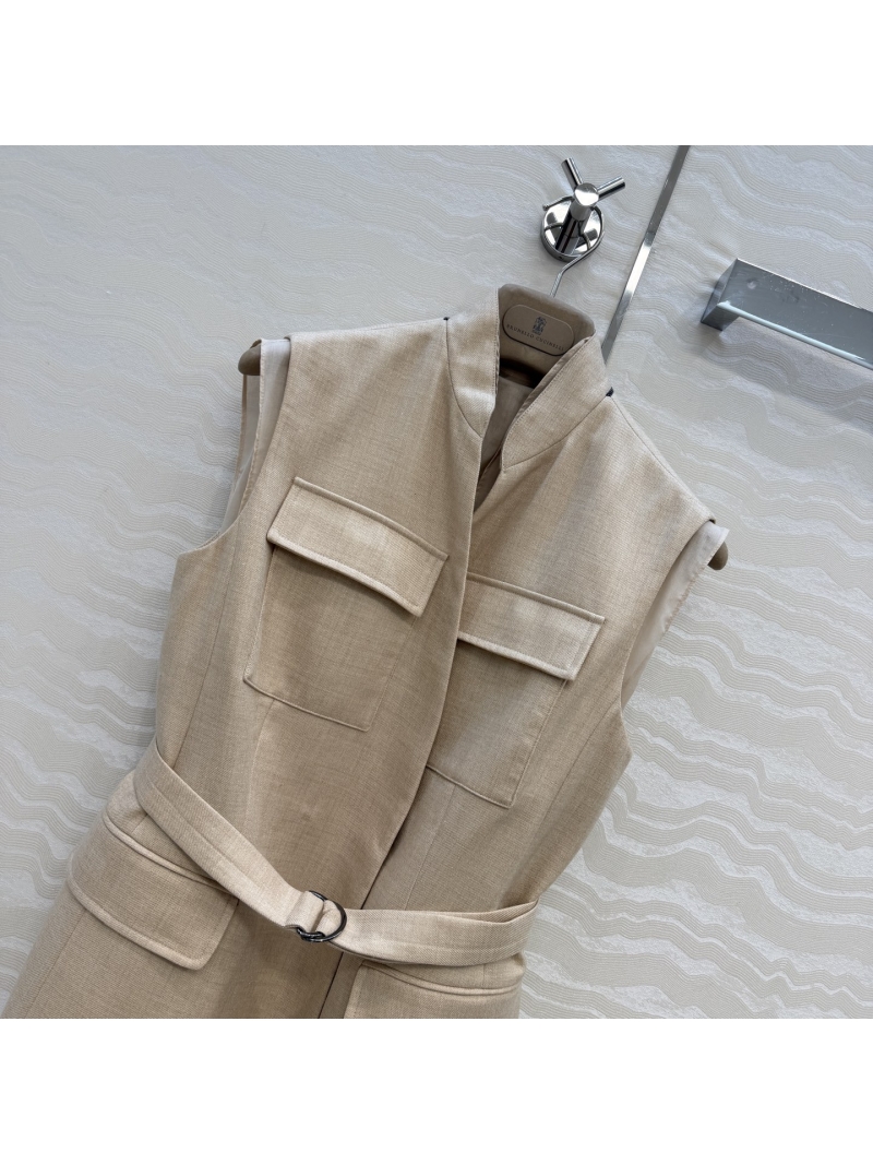 Brunello Cucinelli Imported Fine-Spun Wool and Gold Thread Two-Piece Belted Vest Set in Champagne