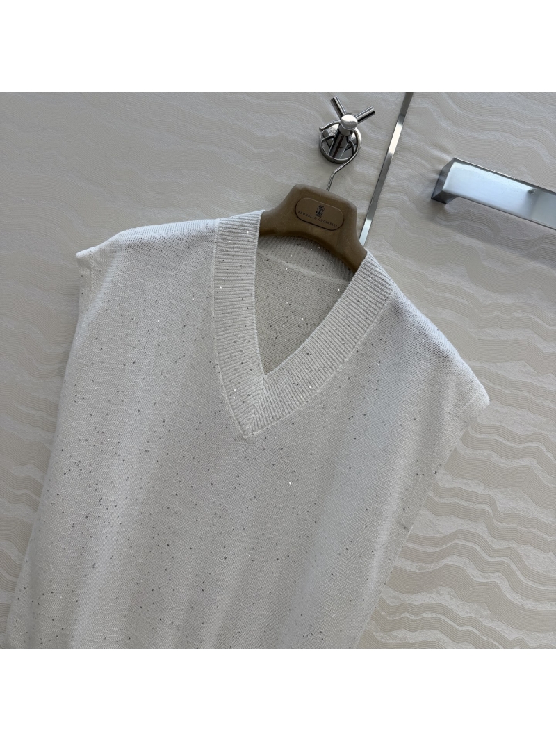 Brunello Cucinelli Linen Cotton Sequin Knit V-Neck Top in Ivory
