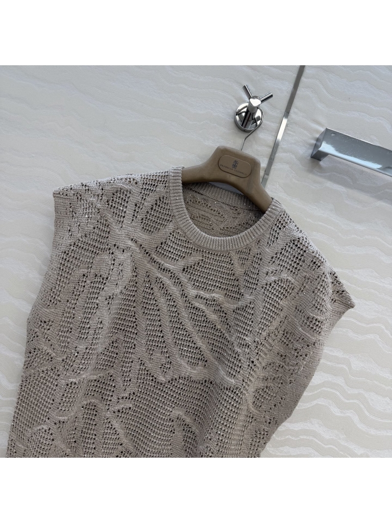 Brunello Cucinelli Linen-Cotton Sequin Open-Knit Sleeveless Top in Champagne