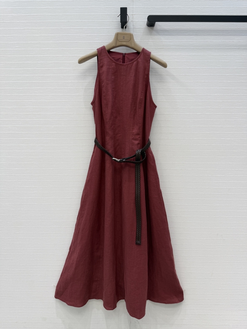 Brunello Cucinelli Wine Red Linen Sleeveless A-Line Maxi Dress