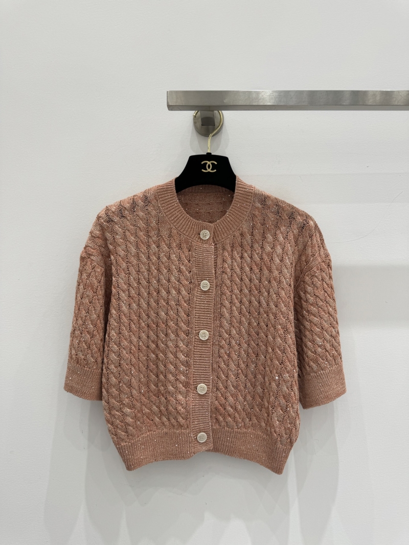 Brunello Cucinelli Cable Knit Sequin Cardigan in Peach Linen-Cotton Blend