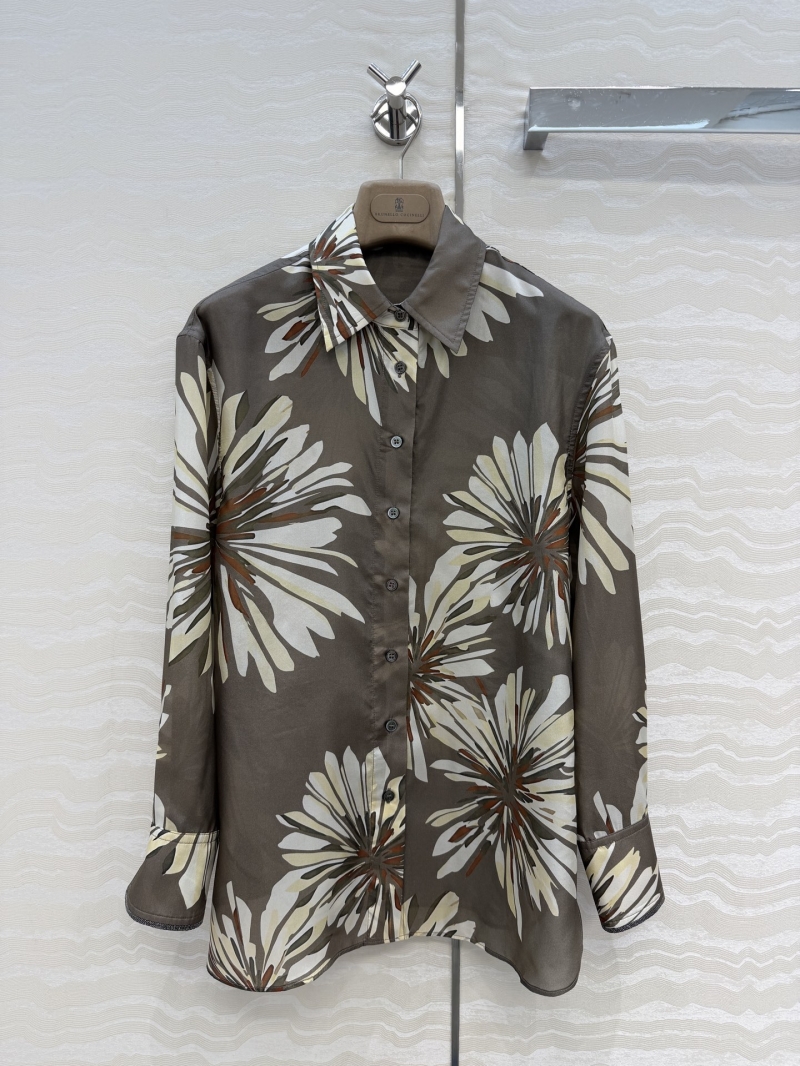 Brunello Cucinelli 100% Mulberry Silk Floral Print Relaxed Shirt with Signature Monili Cuffs
