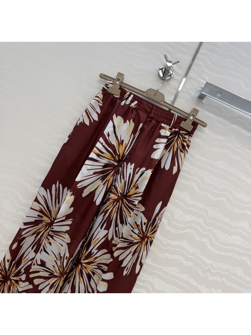 Brunello Cucinelli 100% Mulberry Silk Floral Wide-Leg Resort Trousers in Burgundy