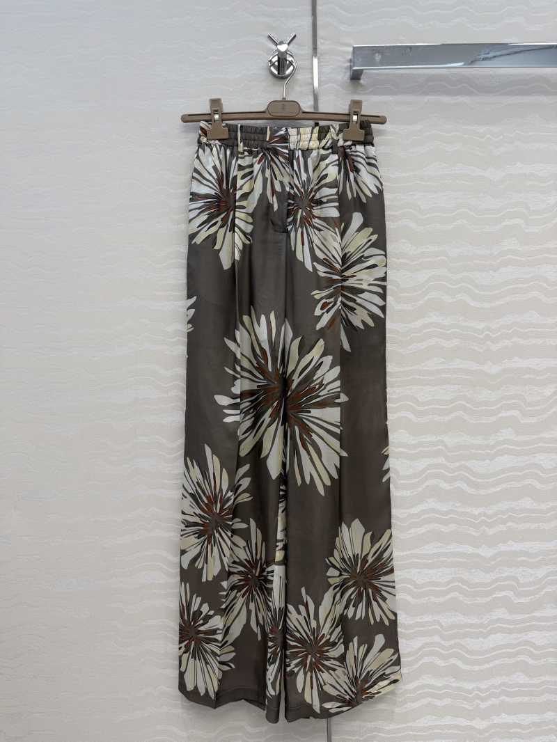 Brunello Cucinelli Exquisite 100% Mulberry Silk Starburst Floral Print Wide-Leg Trousers in Earthy Taupe