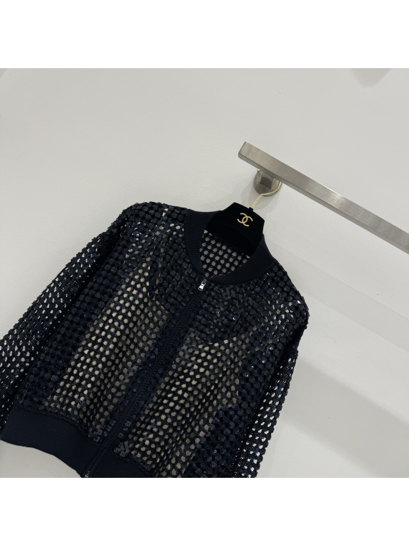 Brunello Cucinelli Hand-Stitched Sequin Mesh Bomber Jacket in Midnight Navy